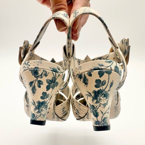 Gucci Gea GG Mid Heel Buds/Floral Blue Leather T-Strap  Sandal Pump EU37.5 US7.5 - Picture 8 of 13